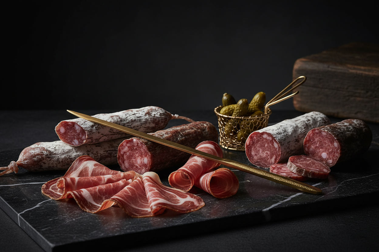 Plateau charcuterie halal artisanale premium - Assortiment de saucissons, coppa et cornichons sur ardoise avec couteau doré pour un apéritif raffiné