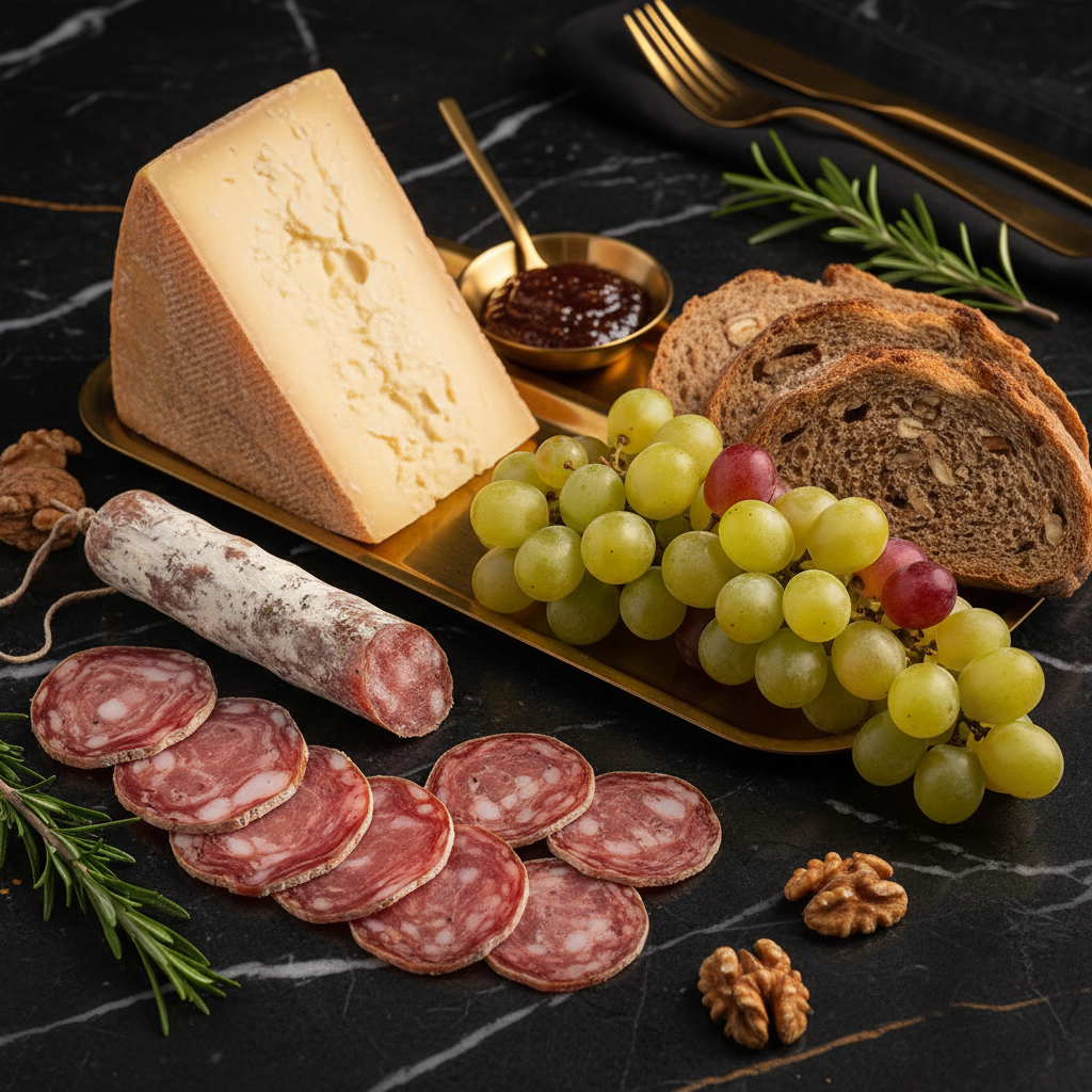 Affinage traditionnel charcuterie halal - Saucisson sec au Comté AOP LAKOUM avec flèche blanche naturelle, symbole du savoir-faire artisanal français