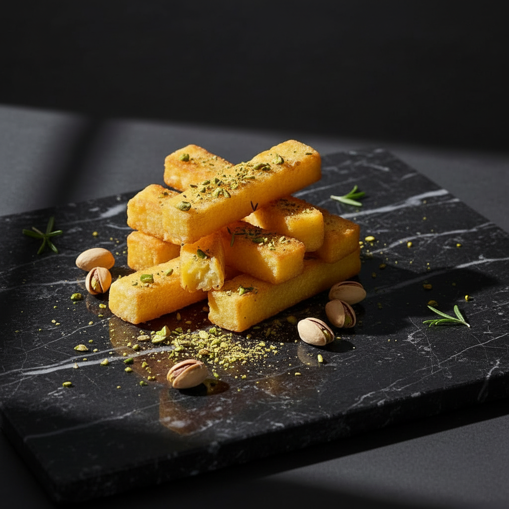 Panisse Massilia Pistache — bâtonnets dorés avec éclats de pistache sur marbre noir