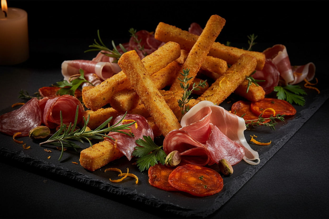 Coffret Découverte LAKOUM × Massilia Panisse — panisses dorées et charcuterie sur ardoise, lumière chiaroscuro